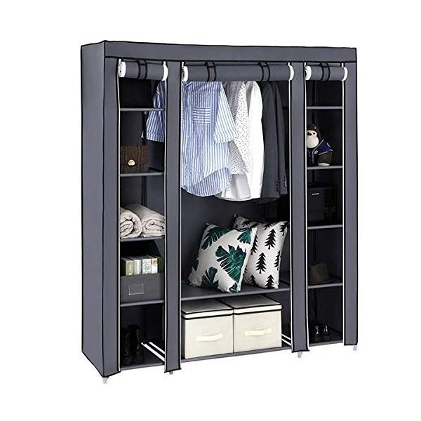 Portable Folding Clothes Closet Wardrobe Storage Organizer with Non-Woven Fabric Dust Resistant 150 x 45 x 175 cm (Gray)