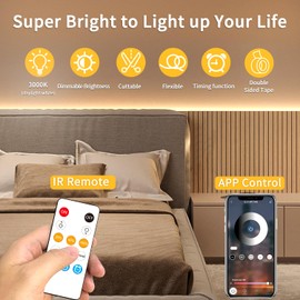 Yeewhale 100FT COB LED Strip Lights Warm White Dimmable DC 24V 3000K Flexible LED Tape Light for Bedroom, with Remote and app Control LED Tape Lights,for DIY Home Decoration