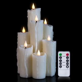 Yongmao Flameless Candles Battery Operated Candles, Flickering Pillar Real Wax LED Candles with Remote, Wax Drip, 7Pcs Combined in One Candle for Christmas Home Party Decor (White)