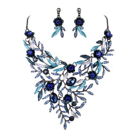 Clearine Leaf and Flower Jewellery Set Wedding Bridal Leaf Cluster for Women Wedding Party Crystal Flower Enamel Statement Necklace and Dangle Earrings Jewellery Set Emerald Green Gold Tone, Alloy