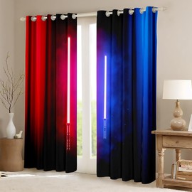 Castle Fairy - Cortina de ventana con sable de luz roja y azul, luz de neón brillante, cortinas de ventana geométrica abstracta para niñas y niños, niños, adultos, juegos de moda, cortinas de tratamiento de ventana para sala de estar, 38 pulgadas de anch
