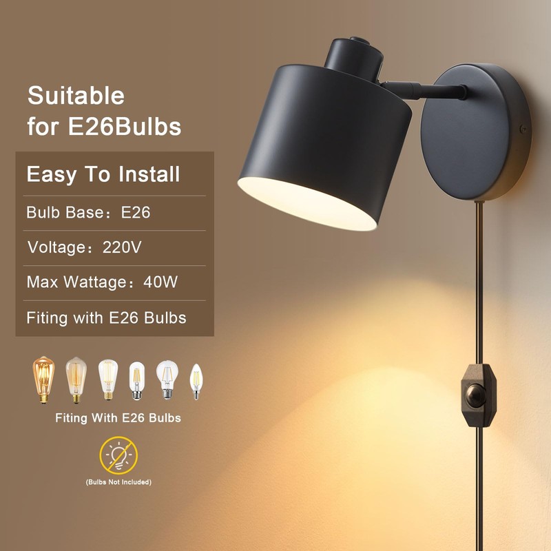 LIGHTESS Plug in Wall Sconces Set of 2 with Switch,