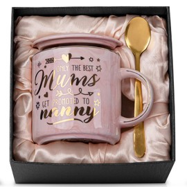 Nanny Christmas Birthday Gifts from Grandchildren, 14oz Pink Ceramic Coffee Cup with Gold Print, Mothers Day Presents for Grandma Nannie Granny - Only The Best Mums Get Promoted to Nanny, Gift Boxed