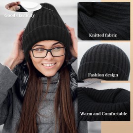 Feelorna Knitted Hats Women's Winter Warm Slouch Beanie Hat Windproof Soft Winter Hat Classic Elastic Winter Hat Women, black
