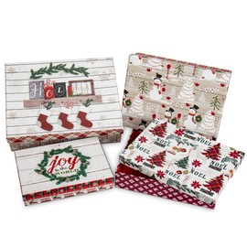 Christmas Gift Boxes with Lids for Presents Large Set of 4 Gift Boxes Bulk Red Brown in Assorted Designs with Bows Decor Wrapping Robe Boxes Xmas Gift Boxes for Christmas Birthdays Wedding Wrap Gifts