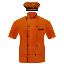 INFOHANDMADE Modeling Men Chef Jacket Half Sleeves in 10 Colours Chef Coat with Cap Orange (Medium)