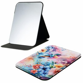 BREIDMKFM Folding Mirror Portable Travel Mirror, PU Leather Mirror with Adjustable Stand, Desktop Makeup Mirror for Travel, Home, Office, Vanity Table (5.7W×3.9L), Watercolor Floral Hummingbird