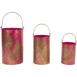 Northlight Set of 3 Fuchsia Pink and Gold Decorative Floral Cut-Out Pillar Candle Lanterns 10"