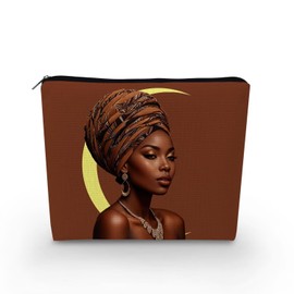 YULUENZE African American Lady Makeup Bag Cute Small Canvas Organizer Bag with Zipper Moon Black Woman Cosmetic Bag Aesthetic Birthday Present for Women Sisters Friends
