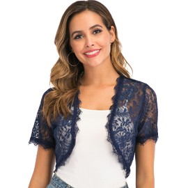 Enjoyoself Womens Shrugs Lightweight Lace Short Sleeve Open Front Bolero Cardigan Cover Up Crochet Short Coat Navy Blue