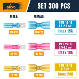 ALBO 500PCS Heat Shrink Male and Female Spade Connectors Kit – AWG 22-10 Waterproof Electrical Terminals, Red Blue Yellow Fully Insulated Wire Terminal Connectors for Marine, and Electrical