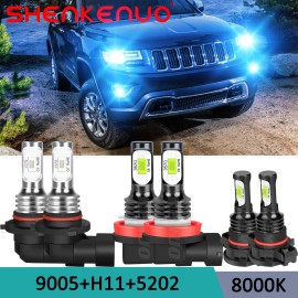 SHENKENUO 6X 8000K LED Headlights High Low Beam Fog Light Bulbs Kits Ice Blue 2400LM 21W