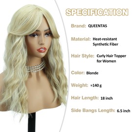 QUEENTAS 18" Curly Hair Topper for Women with Thinning Hair Pieces 6"*6"Large Coverage 360°3D Cover Synthetic Long Blonde Wavy with 5 Clips in Wiglets(Blonde)