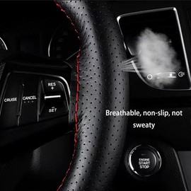 DEEYOTA Car Steering Wheel Cover Universal Fit Round Stitch Steering Wheel Wrap Thin PU Leather Steering Wheel Cover Sewn on 15" Car Wheel (Black)