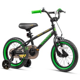 Glerc NuNu Kids Bike, 14 Inch Boys Bike for 3-5 Years Old Children, BMX Style Kids Bicycle with Training Wheels & Coaster Brake, Black and Green