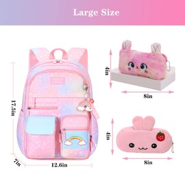 Jcobvig Rainbow Backpack For Girls Kids,Cute Student School Backpack With Pen Bag,Pink Aesthetic Starry Rainbow Laptop Travel Bag (Pink Medium 16.5in