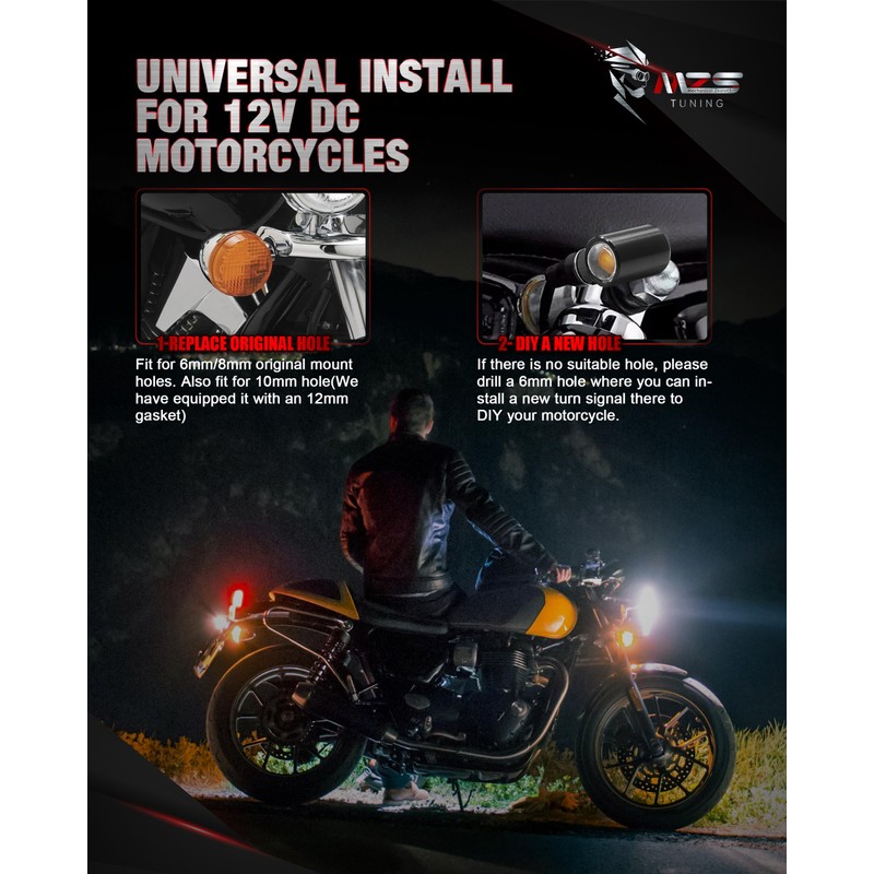 MZS Motorcycle LED Turn Signals, Front Light Amber+Amber and Rear