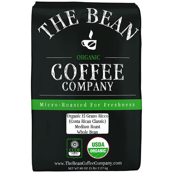The Bean Coffee Company Organic El Grano Ricco (Costa Rican Classic), Medium Roast, Whole Bean, 5-Pound Bag