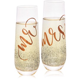 Mr and Mrs Champagne Flutes for Bride and Groom, Stemless Glasses Wedding, Engagement, Anniversary Gifts (Rose Gold, 9 oz)