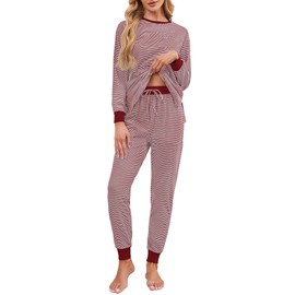 Becotal Soft Cotton Pajamas for Women Set Striped Long Sleeve Lounge Sets 2 Piece Pajama Tops and Jogger Pants with Pockets Sleep Shirts Wine Red XL