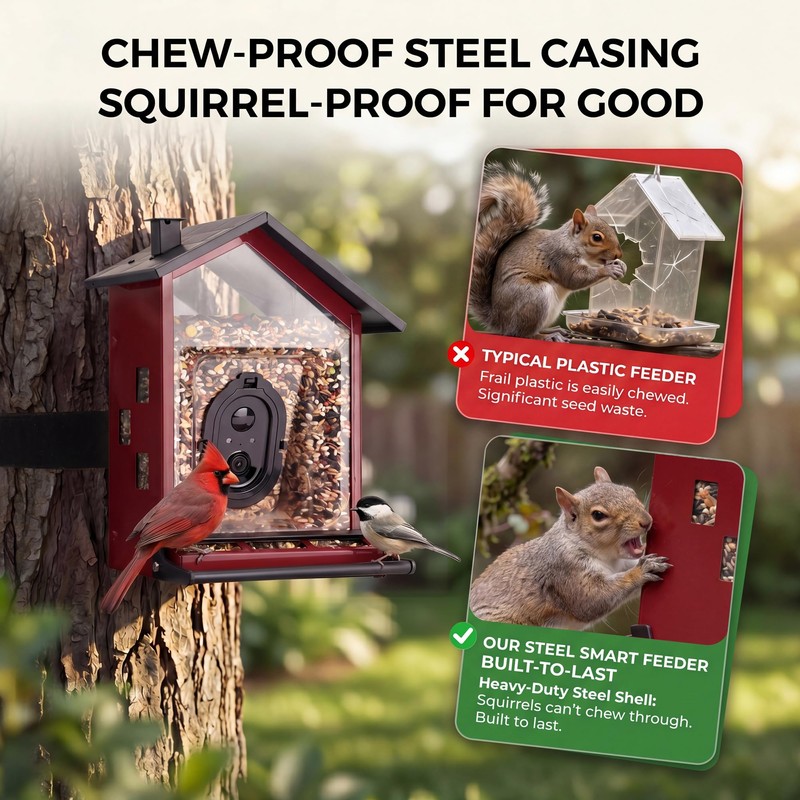 TT Nature Smart Bird Feeder with Camera, Heavy-Duty Chew-Proof Metal