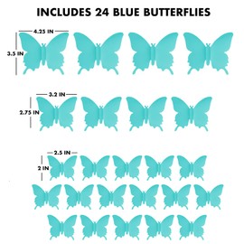 Cute Blue Butterfly Wall Decor 24 pcs, Girls Room Wall Decals, Teal Aesthetic Butterflies Stickers for Nursery Decorations, Baby Toddler Room Decor for Girls