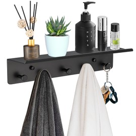 SIMVE Bathroom Towel Rack Wall Mounted, Rustproof Aluminium Shelf with 5 Bath Robe Hook, Decor Display Storage, Hot Tub Accessories, Hanging Hanger for Hat, Key, Bag Holder, Bathtub
