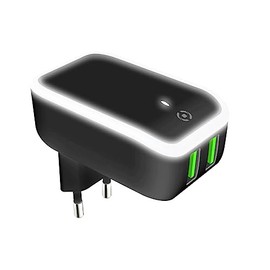 Celly 2 USB Ports with LED Light, Fast Charge 2.4A Dual Universal Mains Charger (Black)