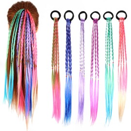 Ptwola 6 Pcs Braids Hair Extensions Colorful Wig Braid Rubber Bands Braided Rainbow Hair Rope Styling Ponytail Holders Hairpieces Cosplay Accessories for Dress Up Party Women Girls
