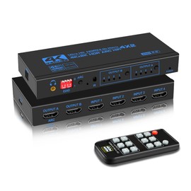 4K@60Hz HDMI Matrix Switch 4X2 with ARC, avedio links 4 in 2 Out Matrix HDMI Video Switcher Splitter + Optical & 3.5mm Stereo Audio, Scaler 4K 1080P Synch, HDM I Audio Extractor with IR Remote Control