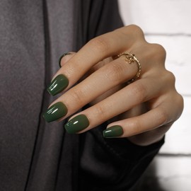 KQueenest Dark Green Press On Nails Short Coffin - Acrylic Press On Nails with Glue, Ballerina Short Fake Nails Press ons, Glossy Opaque Reusable Soft Gel Glue on Nails for Women, 30 Pcs, Forest Green