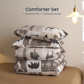 Wake In Cloud - Rustic Comforter Set, Cabin Christmas Lodge Western Country Bear Deer Moose Woodland RV Outdoor Theme, Soft Lightweight Bedding, 3 Pieces, Taupe, King Size