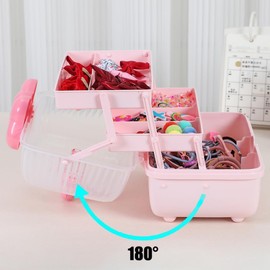 Hair Accessories Organizer for Girls Headbands, Clips, Ties Supplies, Lockable Three-layer Folding Craft Organizers and Storage Plastic Box (Pink, 27.5 * 15 * 14.5CM)