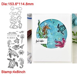 Underwater World Turtles Fishes Jellyfish Crab Dies and Stamp Sets for Card Making Metal Cutting Dies Punch Template Match Have Faith Words Clear Rubber Stamp for DIY Scrapbookingg Paper Crafting