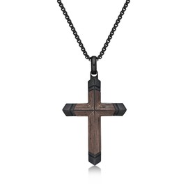 Metro Jewelry Carbon Fiber and Copper Foil Cross Pendant Necklace for Men in Stainless Steel with Black Ion Plating on 24 Inches Long Box Chain