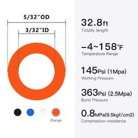 Quickun Pneumatic Tubing 5/32" Tube OD PU Polyurethane Tube Air Hose Line for Air Compressor Fitting or Fluid Transfer (Orange 32.8ft)