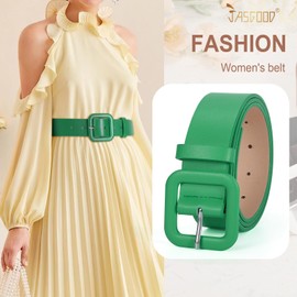 JASGOOD Women’s Leather Belt for Jeans Pants Candy Color Fashion Square Buckle Ladies Belts for Dresses, Green, Fits Waist Size 30"-35"