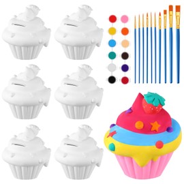 Chunful Paint Your Own Piggy Bank for Kids, Ceramic Painting Kit with 6 Coin Banks, 12 Paint Colors & 10 Brushes, Creative Craft DIY Kit, Christmas/Birthday Gifts for Boys & Girls(Cupcake)