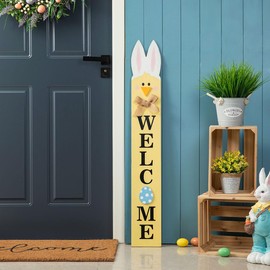 Glitzhome 42"H Wooden Double-Sided Easter Welcome Porch Sign with Bunny Ears Vertical Welcome Porch Décor Hanging Signs for Front Door or Indoor Home Decor
