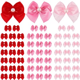 SOFPLATE 72Pcs 3 Colors Mini Satin Ribbon Bow Tiny Satin Bows with Pearl Red Pink Small Pastel Rainbow Bowknot for Gift Wrapping Scrapbooking Wedding Christmas Decoration DIY Hairpins Crafts 2.5 x 1In