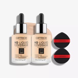 Catrice 캐트리스 파운데이션 HD 리퀴드 커버리지 30ml 2종 모음 1+1 선택 + 대왕퍼프 2개 [010.라이트베이지 (21호 웜톤)] Catrice Foundation HD Liquid Coverage 30ml 2 Types Collection 1+1 Select + 2 Giant Puffs [010. Light Beige (21 Warm Tone)]