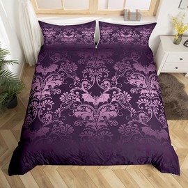 Homewish Adults Damask Gothic Bedding Set Antique Victorian Duvet Cover Single,Vintage Floral Goth Comforter Cover Bat Bed Set,Bats Sugar Skull Bone Skeleton Bohemian Baroque Decor,Purple Lilac