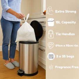 Extra Strong Pedal Bin Liners 15L Plastic Bags | Bin Liners with Tie Handles Pack of 105 count 3 x 35 pack | Plastic Bin Bags 64x92 cm