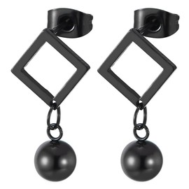 Geometric Drop Earrings, Black Stud Earrings with Square and Ball Dangle, Steel, Unisex Men Women, Metal, No Gemstone