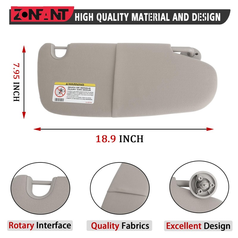 ZONFANT Grey Left Driver Side Sun Visor without Sunroof Compatible