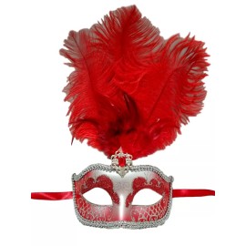 Masquerade Red Silver Venetian Mask Feather Masquerade Mardi Gras 12" New