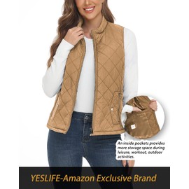 YESLIFE 2024 Camel Women's Outwear Quilted Vest With One Inside Pocket, Stand Collar Lightweight Padded Gilet for Women L