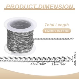 sourcing map 16.4 Feet/5 Meter Stainless Steel Curb Chain, 2.2x0.6mm Cuban Link Chain, Twisted Links Cross Cable Chains for DIY Jewelry Making Supplies, Silver