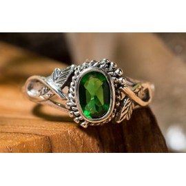 WINDALF Delicate women's ring LIÂNA 8 mm elf jewellery green emerald 925 sterling silver, Fabric, Cubic Zirconia