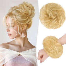 RUWISS Messy Bun Hair Piece for Women 100% Real Human Hair - Natural Fluffy Donut Updo with Elastic Band - Lightweight Ponytail Extension Hair Pieces for Daily Wear, Golden Blonde Mixed Bleach Blond